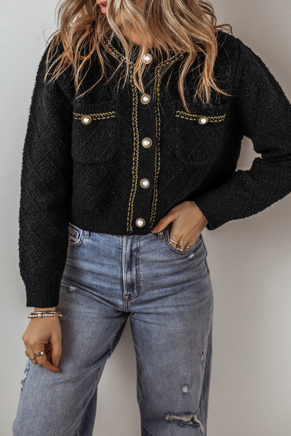 Black Sparkle Button Cardigan with Flap Pocket