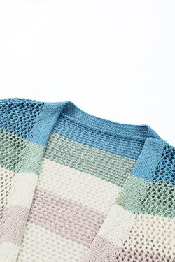 Green Striped Color Block Hollow Out Knit Cardigan