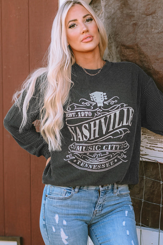 Black Nashville Music City Corded Graphic Sweatshirt