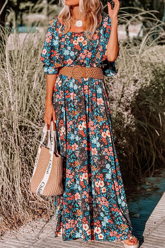 Sky blue floral long dress with knotted back and square neck