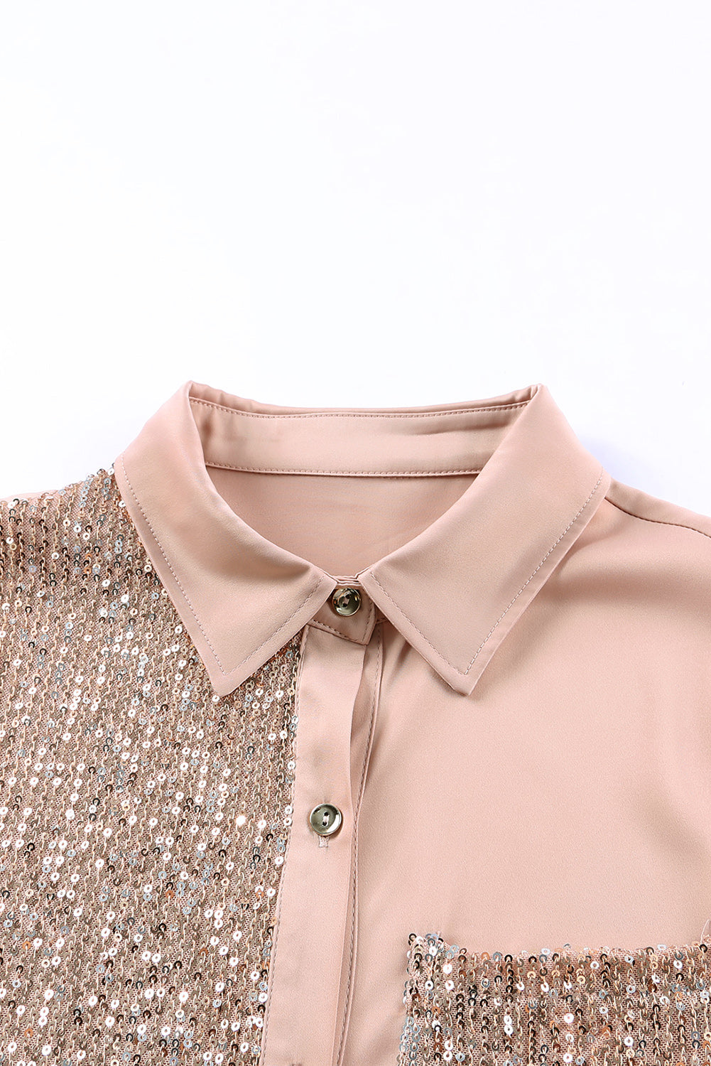 Khaki Sequin Button Up Shirt Dress with Pocket and Splice