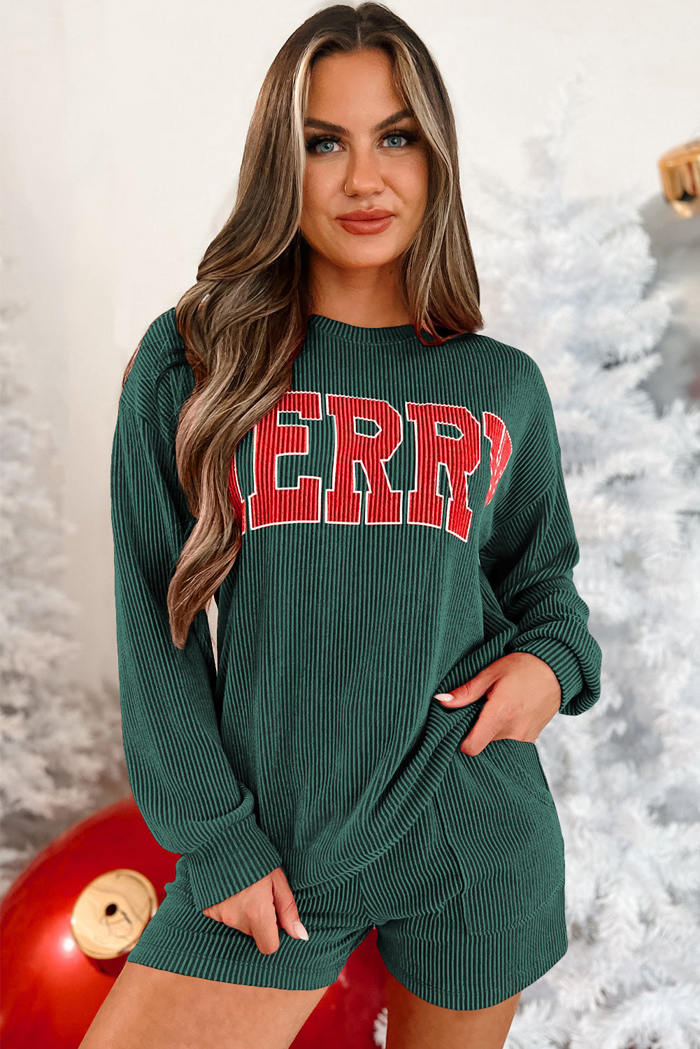 MERRY Graphic Print Long Sleeve Top and Shorts Set in Evergreen Cord