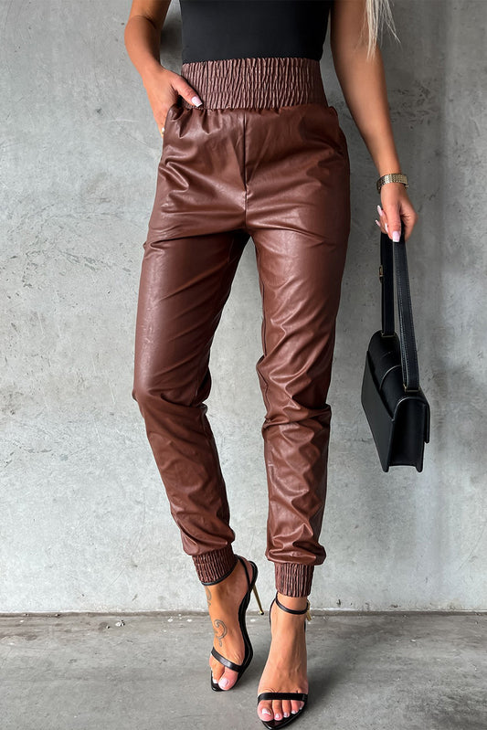 Pantalon skinny en cuir taille haute smocké marron