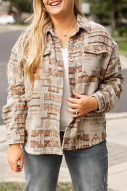 White Aztec Geometric Print Jacket with Pockets Plus Size