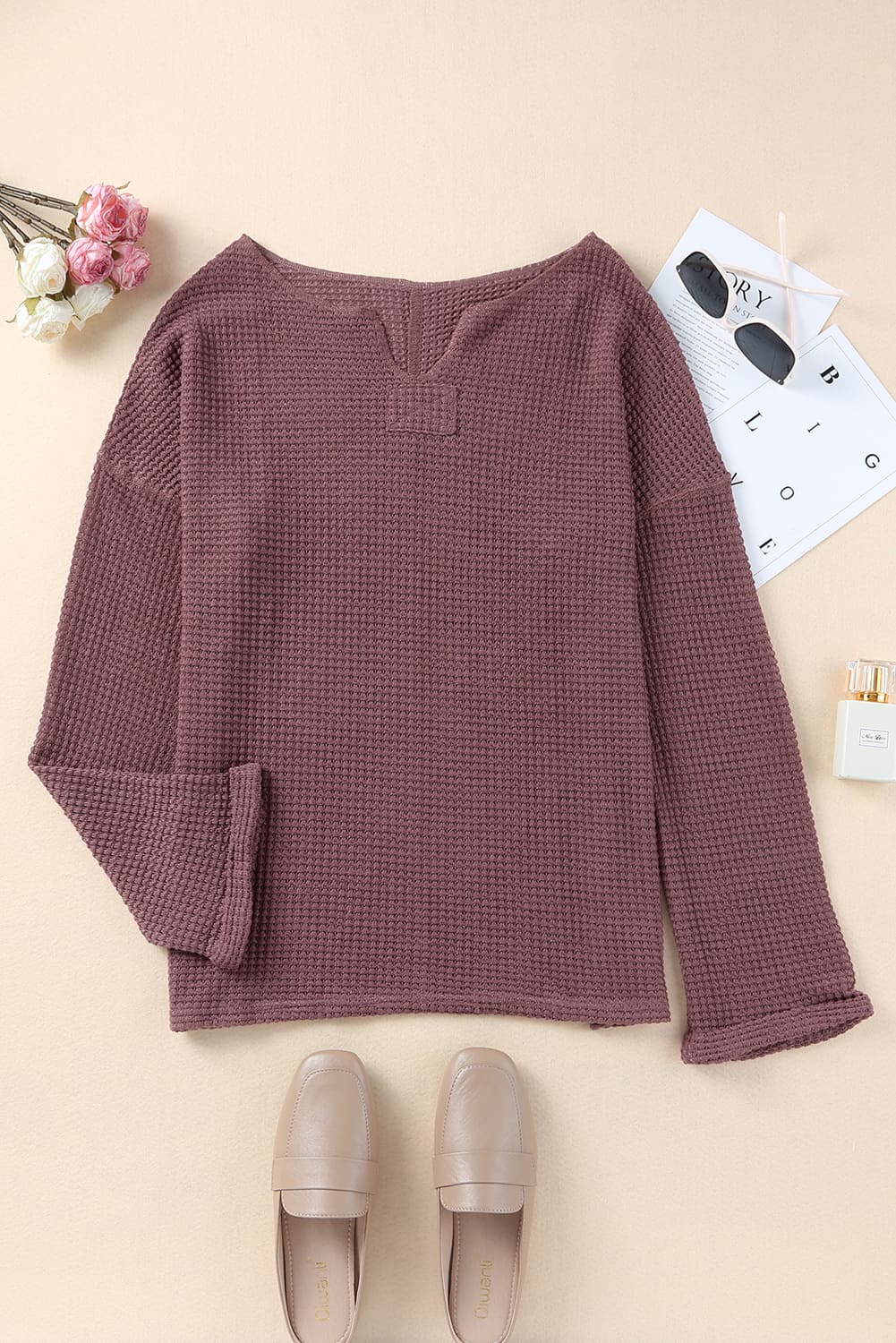 Purple Waffle Knit Long Sleeve Loose Top