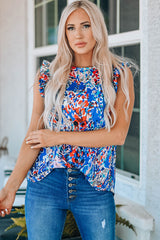 Débardeur bleu imprimé fleuri avec volants-A WOMAN WE LOVE