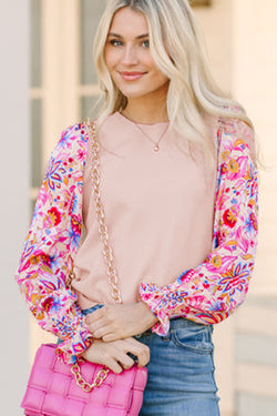 Oatmeal Floral Print Smocked Lantern Sleeve Knit Top