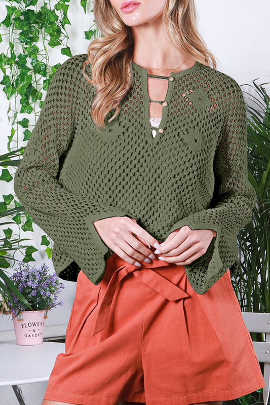 Pull à manches fendues et col boutonné en tricot ouvert vert vignoble