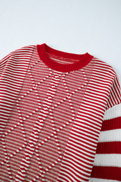 Red Striped Textured Drop Shoulder Sweater