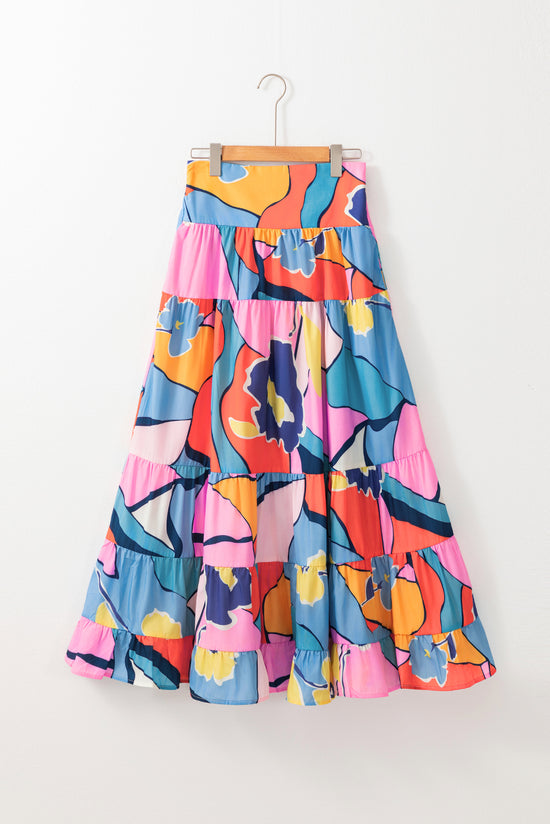 Long high waist skirt printed pink with pockets