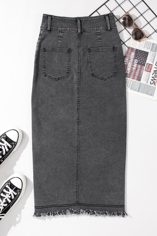 MIDI Skirt in black denim with raw edges and side slits