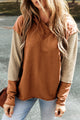 Chestnut Patchwork Color Block Hoodie with Contrast Sleeves