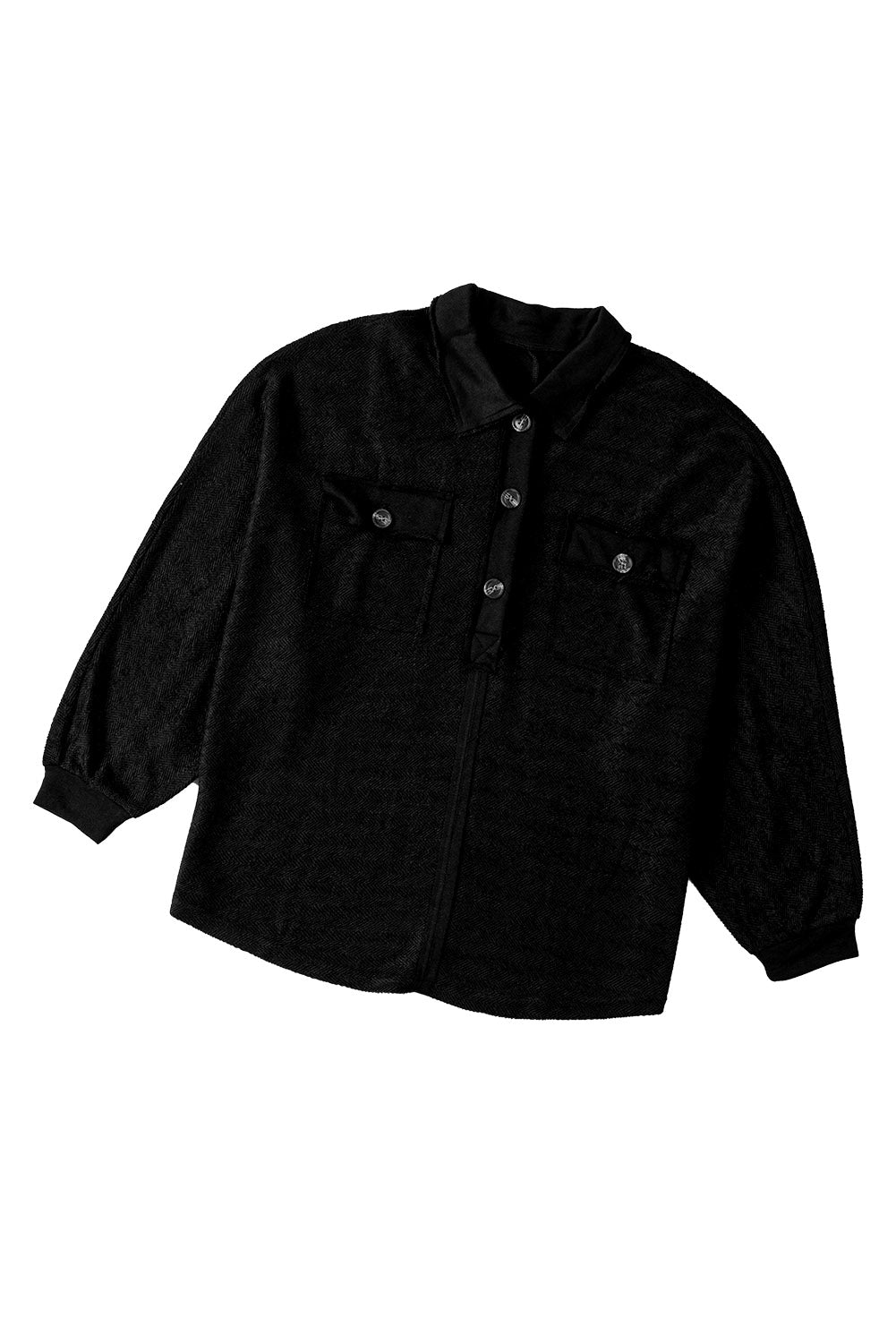 Black Polo Collar Buttoned Patchy Top with Pockets