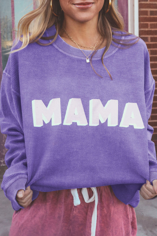 Purple Mama gerippte Crew Neck Pullover Sweatshirt