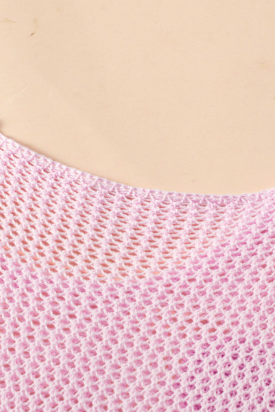 Pull rose clair à épaules tombantes en tricot ajouré à grandes fleurs