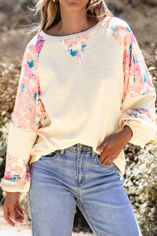 Ballon sleeve blouse in textured floral patchwork apricot