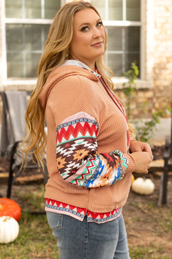 Plus Size Khaki Aztec Waffle Knit Hoodie