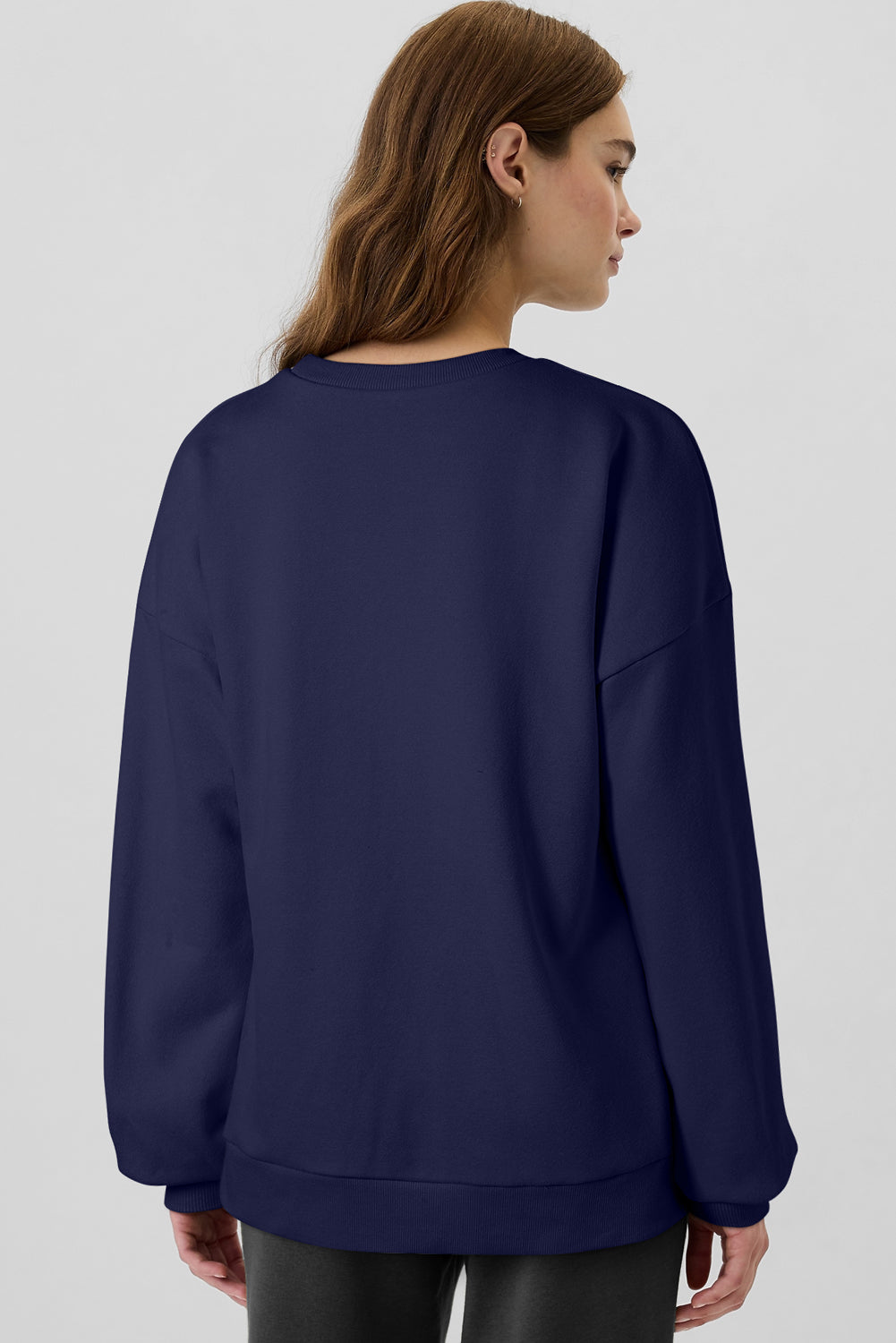 Navy Blue Solid Fleece Lined Drop Shoulder High Low Sweatshirt