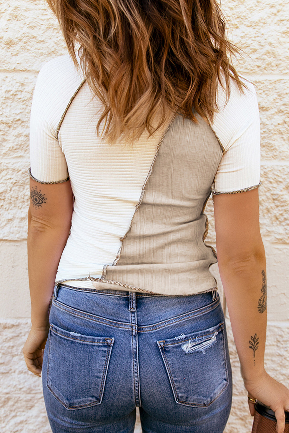 T-shirt à slim à slim côtelé colorblock blanc