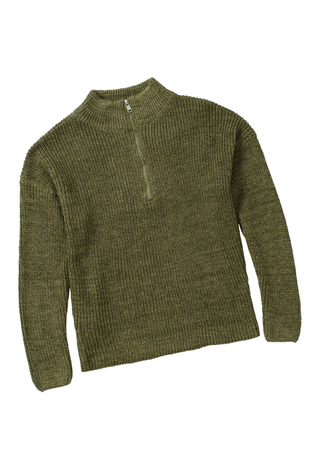 Green Zipped Turtleneck Drop Shoulder Knit Sweater