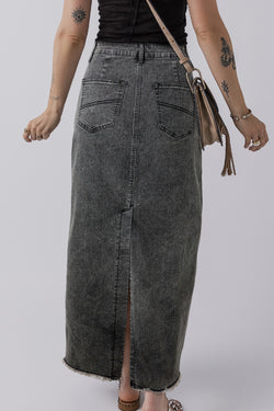 Dark gray long waist skirt with raw hem and slot in the back