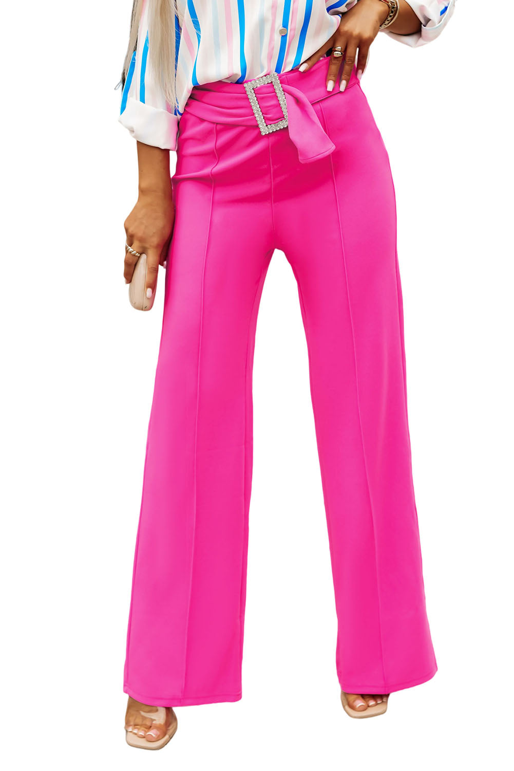 Pantalon large à ceinture avec boucle en strass rose