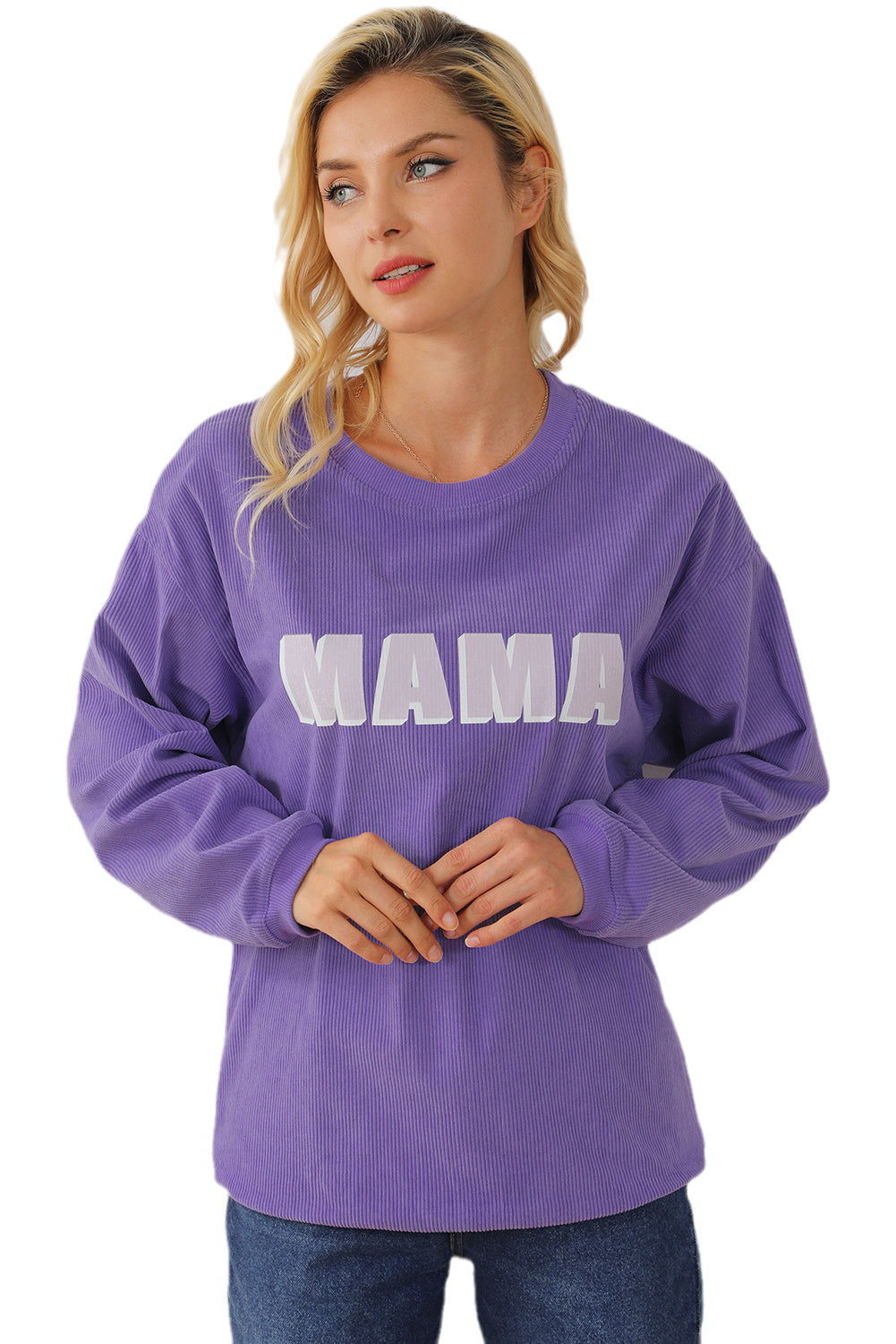 Purple Mama gerippte Crew Neck Pullover Sweatshirt