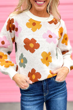 Sweet Flower White Ribbed Hem Knit Sweater