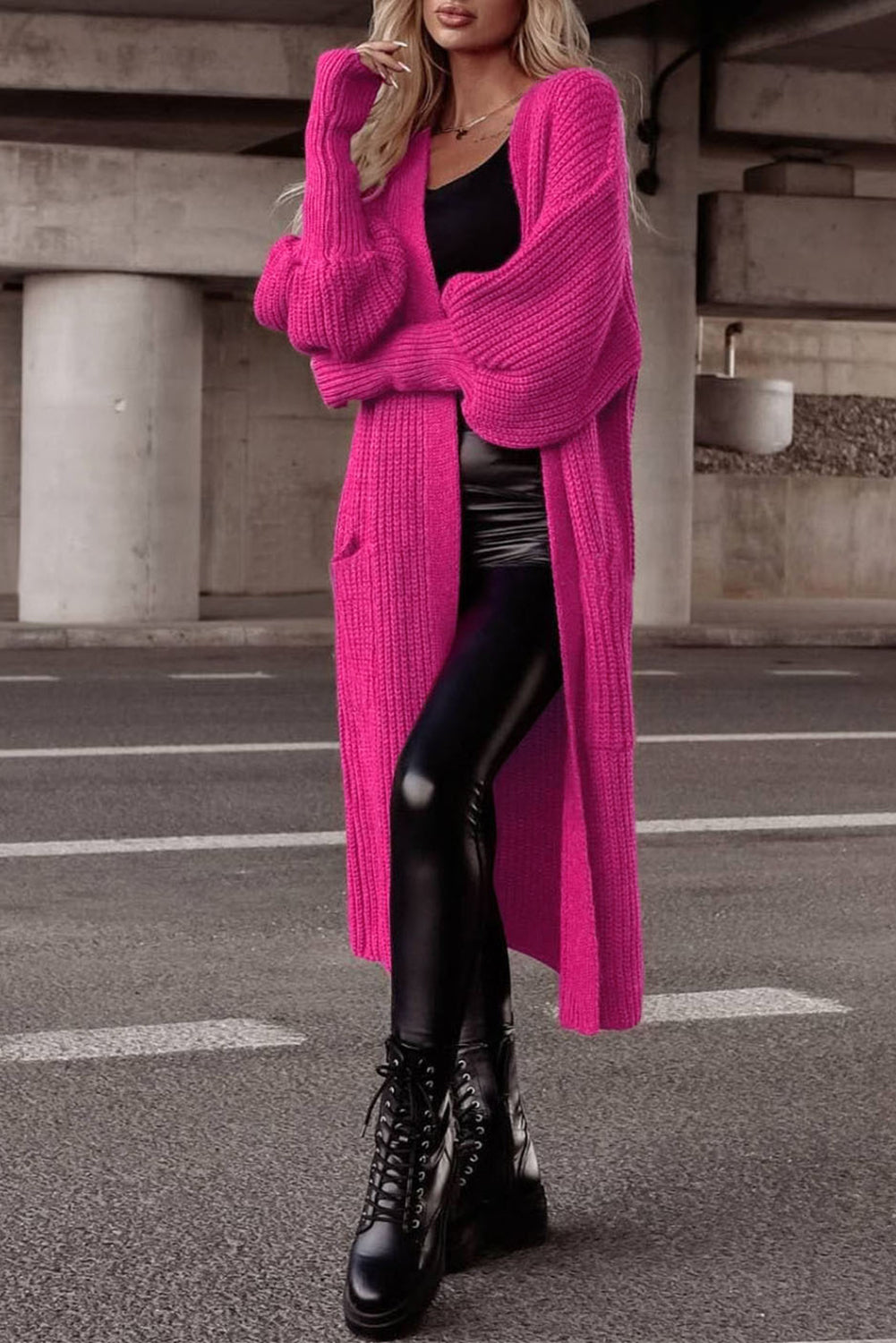 Cardigan tricoté à manches bulles et poches latérales roses-A WOMAN WE LOVE