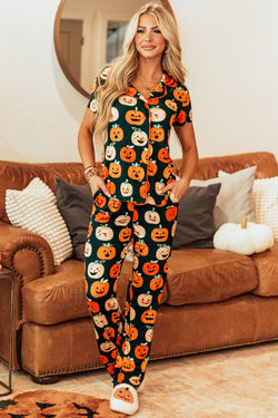 Pajama con camisa de manga corta con patrón de Halloween de naranja