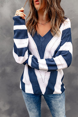 Blue Striped V-Neck Knitted Sweater