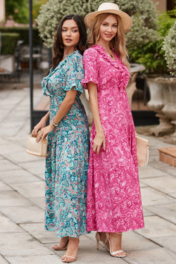 Vestido largo con volantes y varios niveles de estilo impresos en color rosa imprimido bohemio