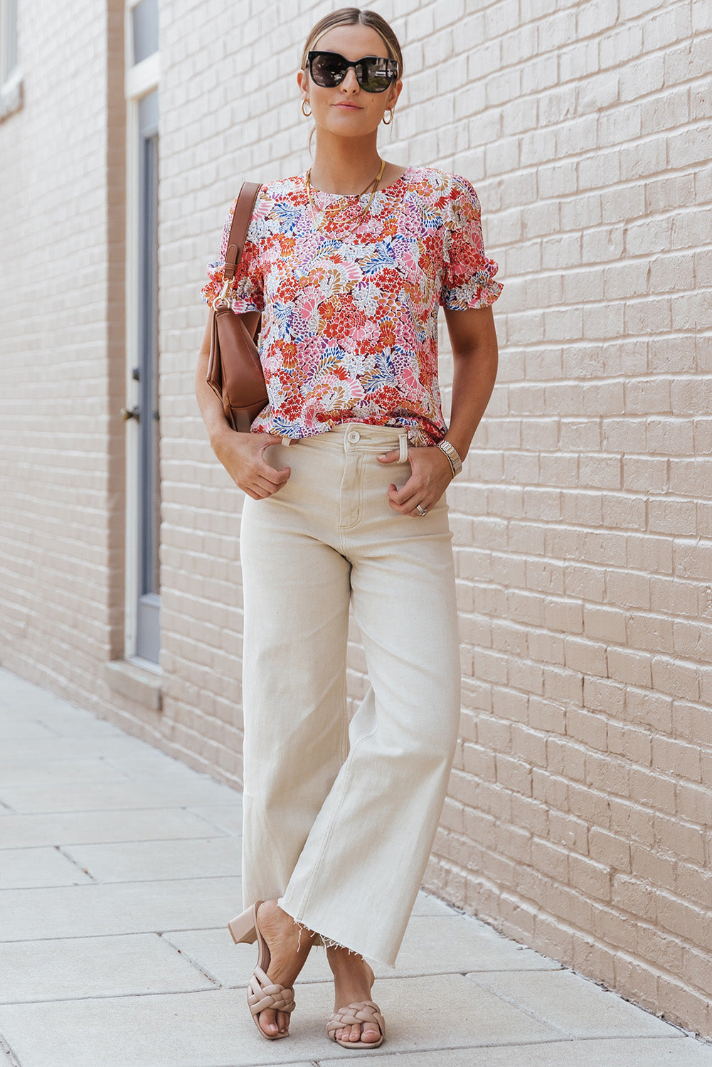 Mélange multicolore Blouse à manches à bulles à motif floral