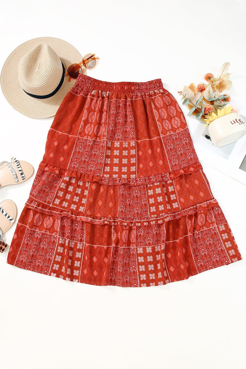 Long flared skirt with bright red bohemian print
