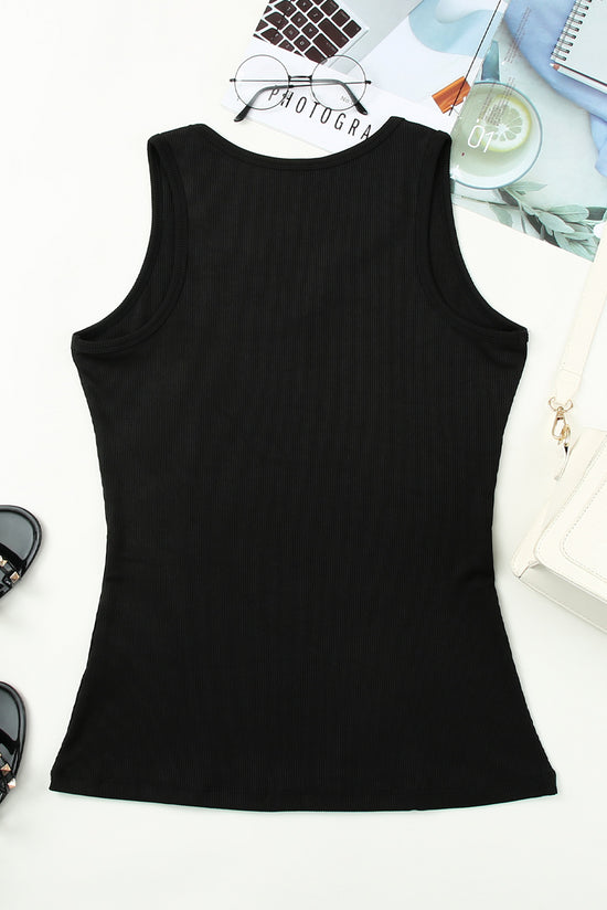 Black ribbed knit tank top with split neck