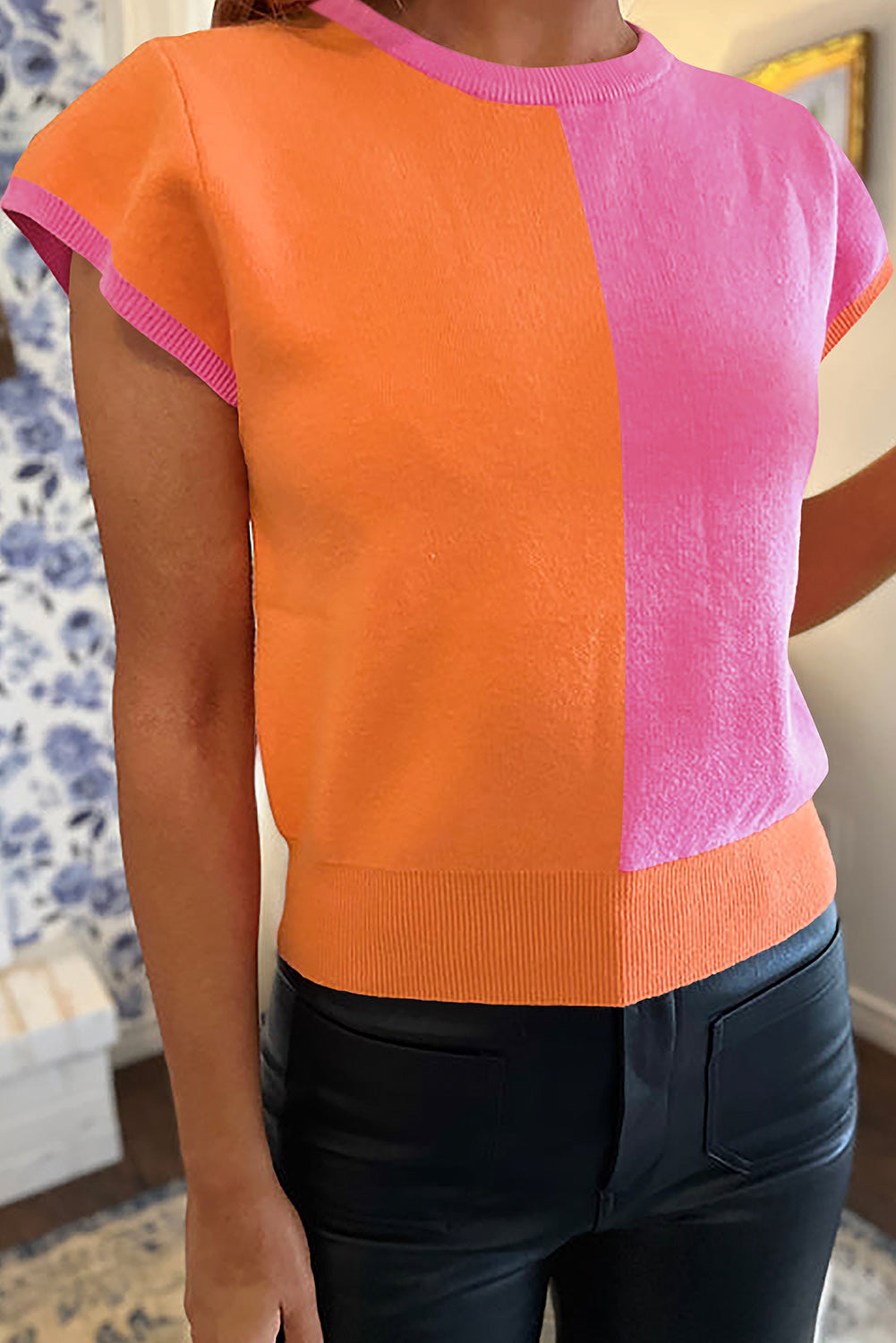 Haut pull à manches courtes en tricot color block Flamingo 2 tons