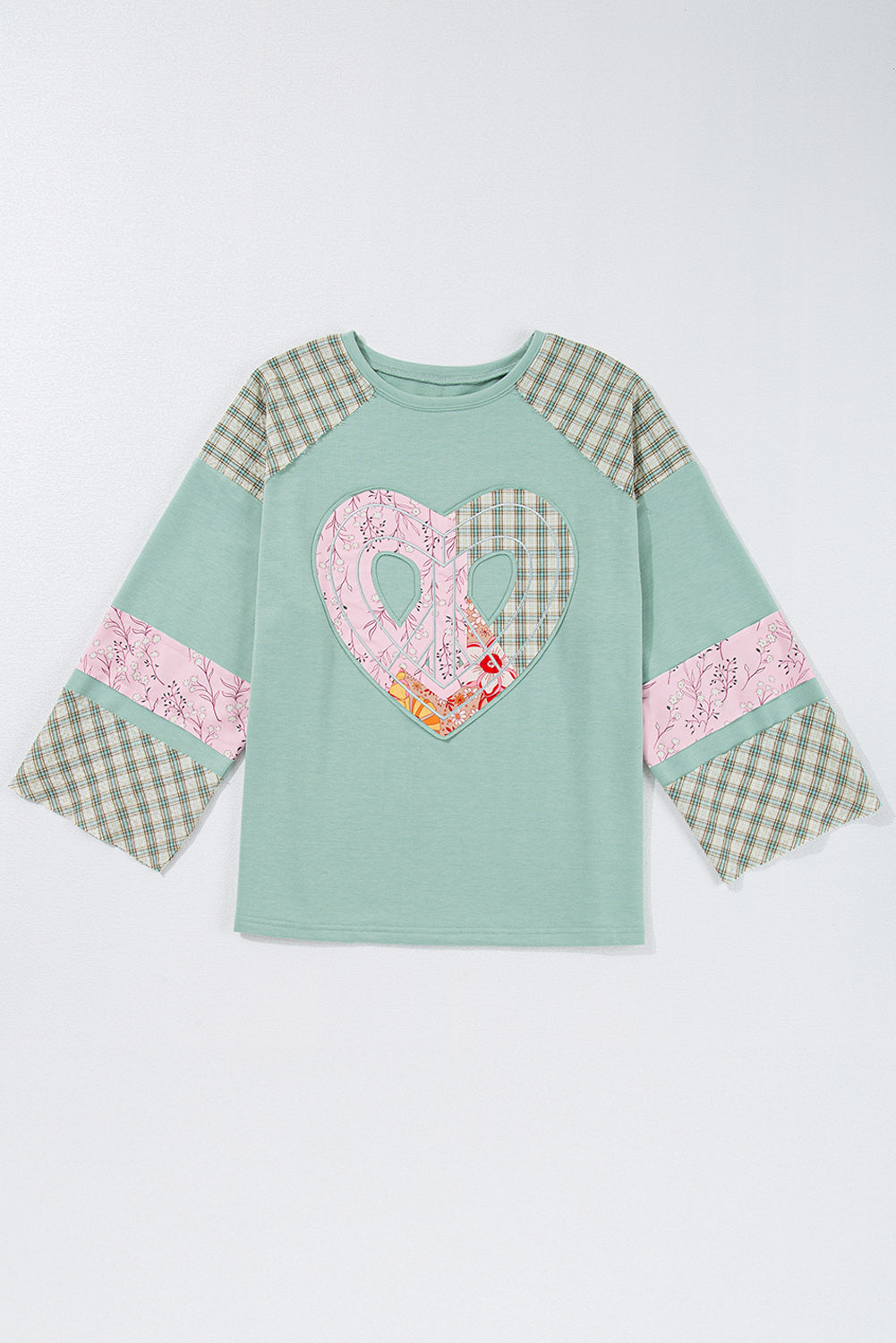 Chiaramente Aqua Plaid Floral Peace Heart Graphic Wide Long Sleeve Top