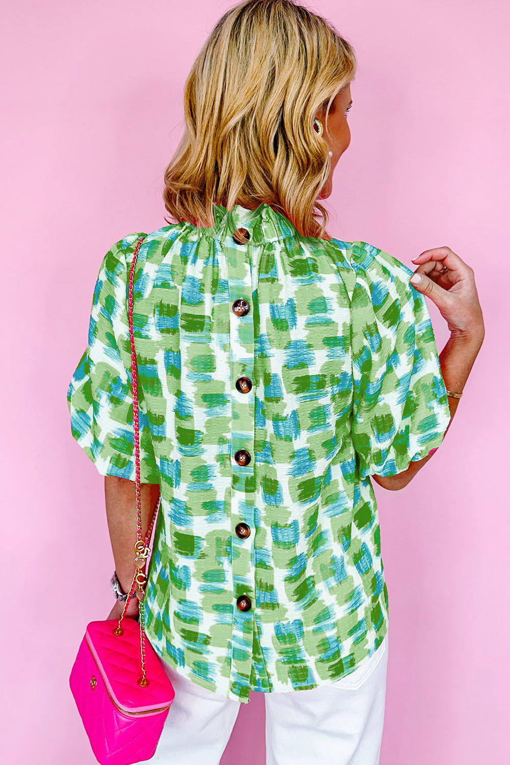 Green Abstract Print Button Back Ruffled High Neck Blouse