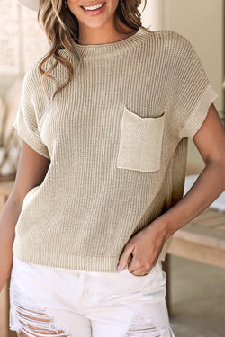 Pale khaki sweater with short sleeve and pocket pocket