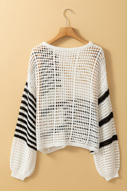 White Contrast Stripe Crochet Puff Sleeve Sweater