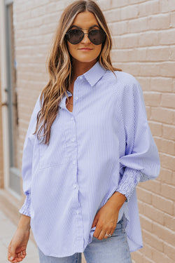 Striped Boyfriend shirt with Smocked Blue Sky Reverse with Pocket