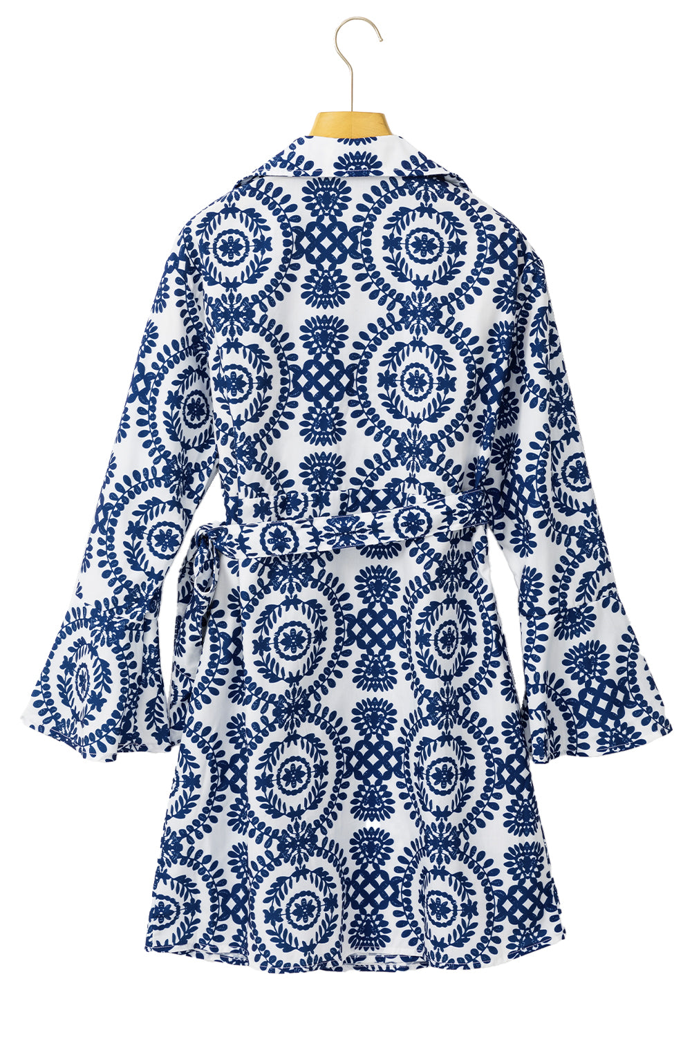 Blue Floral Print V-Neck Long Sleeve Wrapped Bow Dress