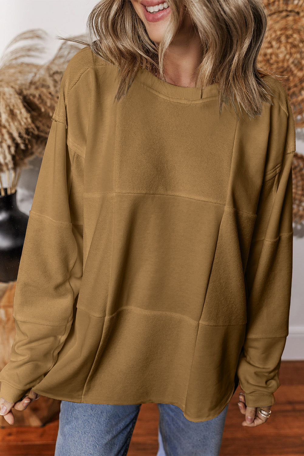 Light French Beige Solid Color Patchwork Drop Shoulder Loose Sweatshirt