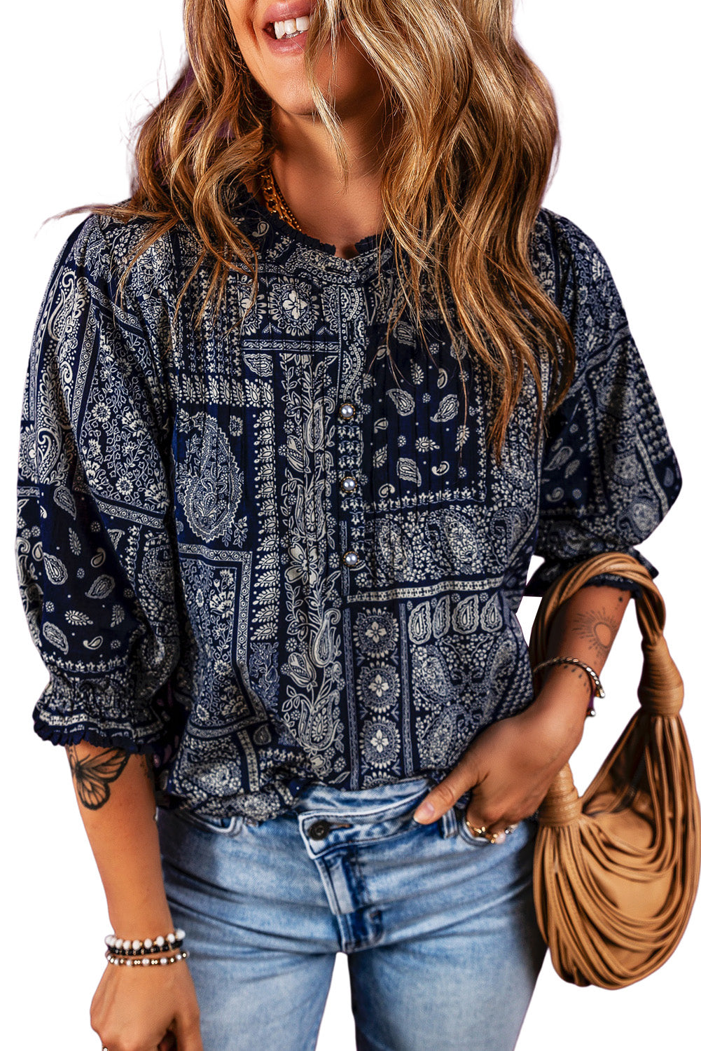 Navy Blue Vintage Boho Paisley Print 3/4 Blouse à manches