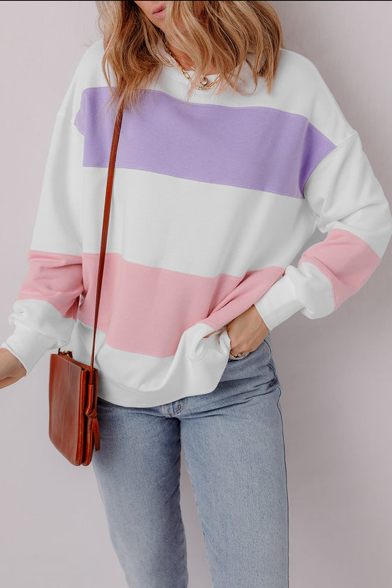 Beige crew neck sweatshirt with dropped shoulders in color block patchwork