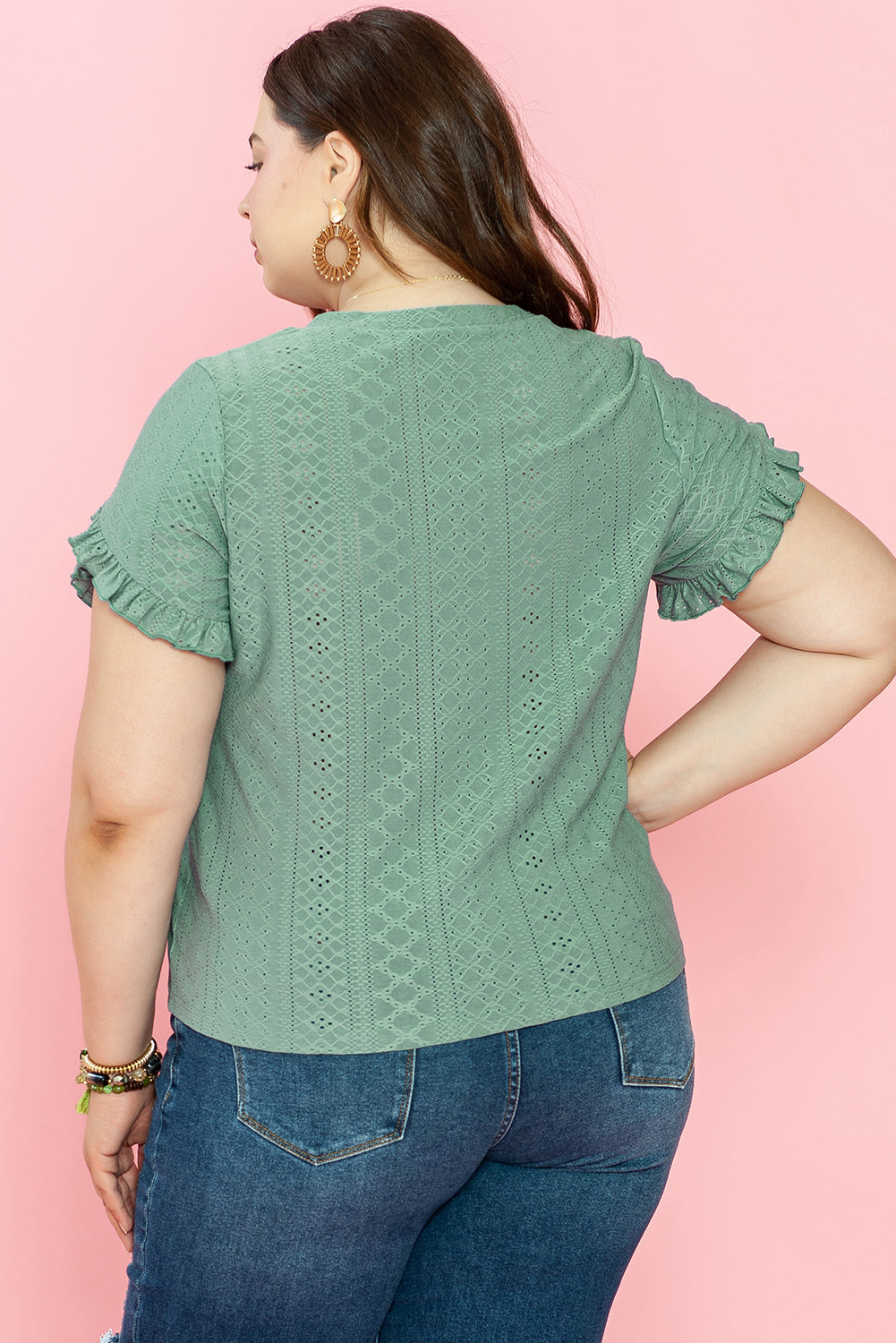 Laurel Green Petal manga Jacquard v Neck Curvy Blusa