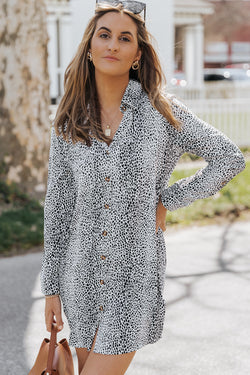 Leopard Animal Print Long Sleeve Shirt Dress