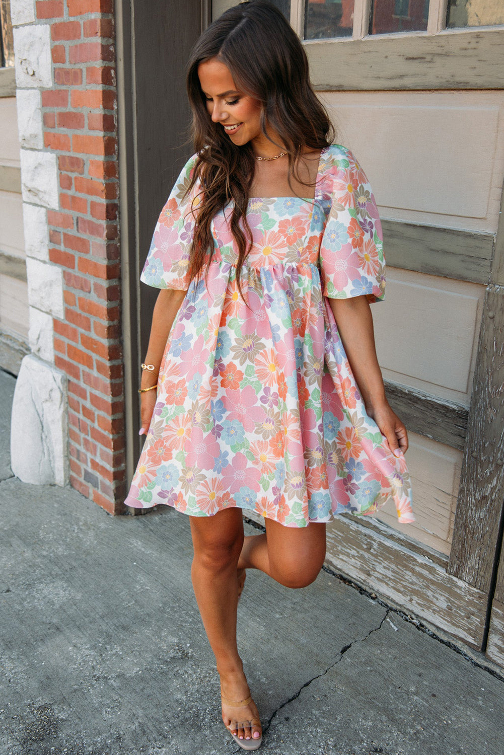 Pink floral summer babydoll dress, square neck, puff sleeves