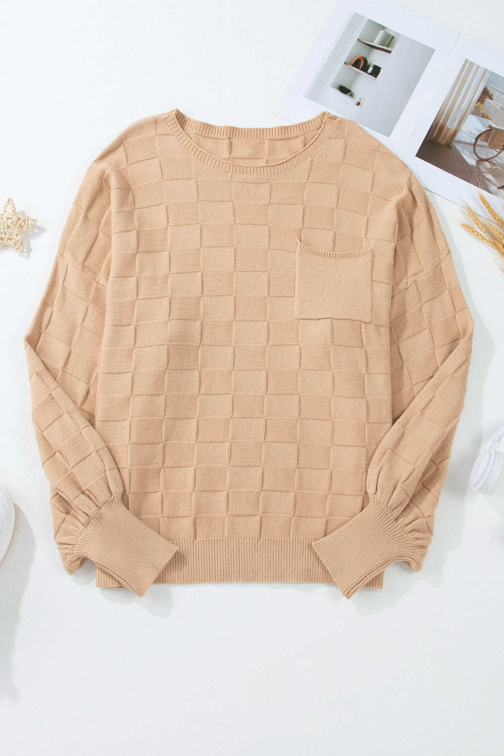 Pull en tricot texturé à carreaux unis beige clair de grande taille