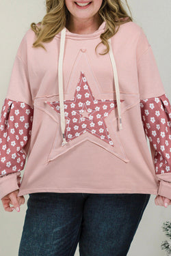 Delicacy Star Patch Graphic Floral Color Block Drawstring Hoodie Plus Size